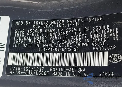 2015 Toyota Avalon Xle/Premium/Touring/Ltd из США, поврежденный, VIN 4T1BK1EBXFU139598